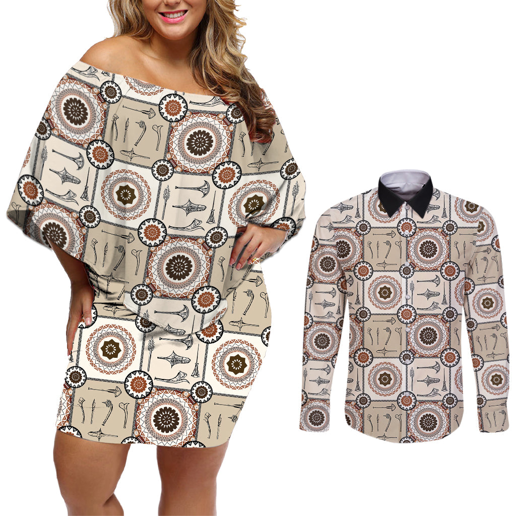 Tukenny Pattern Fijian War Clubs Couples Matching Off Shoulder Short Dress and Long Sleeve Button Shirt LT03 Beige - Polynesian Pride