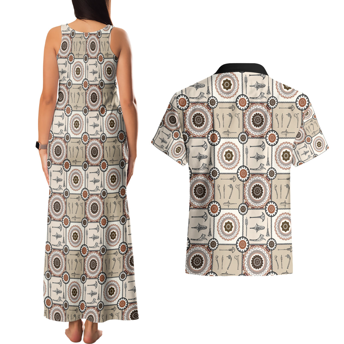 Tukenny Pattern Fijian War Clubs Couples Matching Tank Maxi Dress and Hawaiian Shirt LT03 - Polynesian Pride