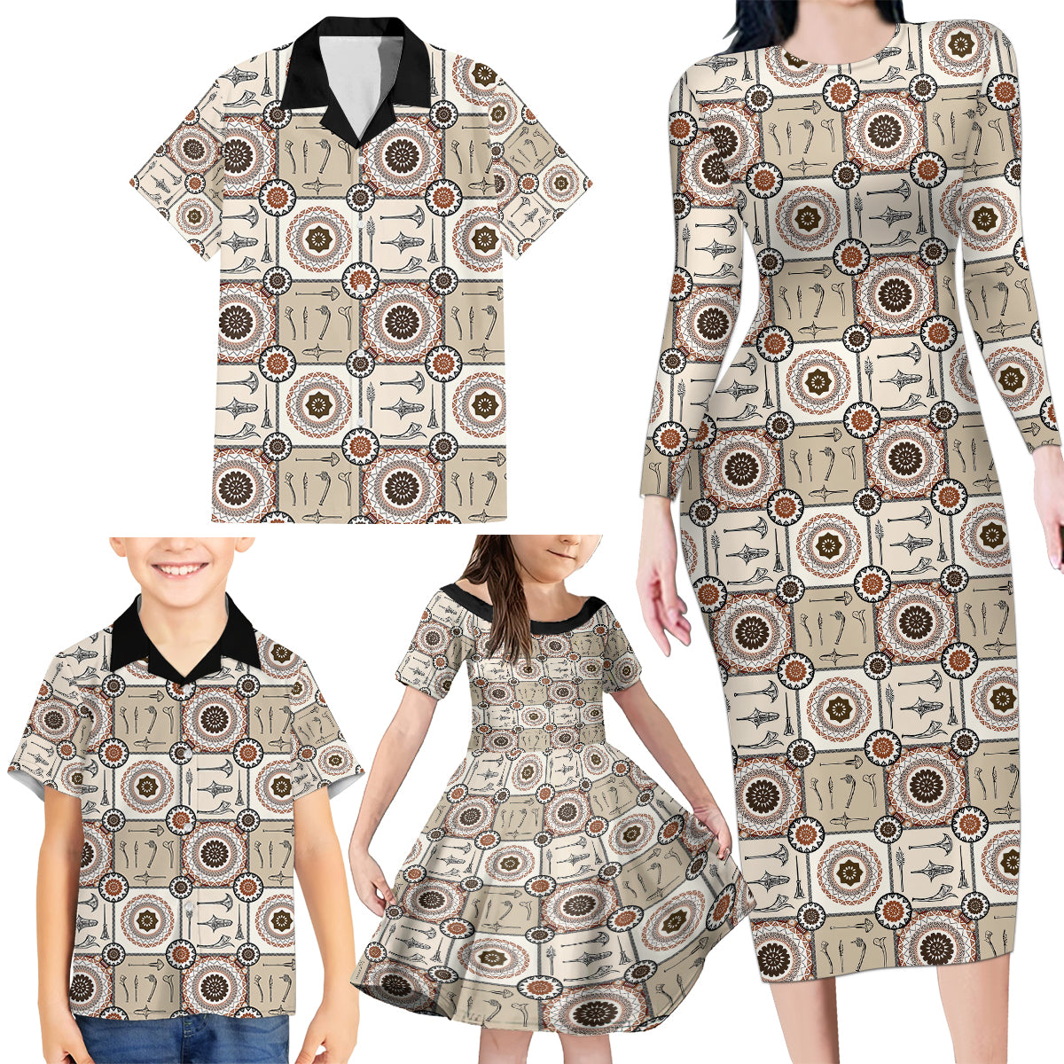 Tukenny Pattern Fijian War Clubs Family Matching Long Sleeve Bodycon Dress and Hawaiian Shirt LT03 - Polynesian Pride