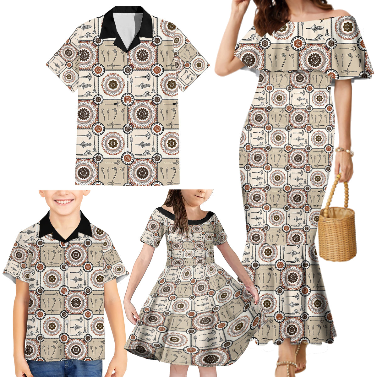 Tukenny Pattern Fijian War Clubs Family Matching Mermaid Dress and Hawaiian Shirt LT03 - Polynesian Pride