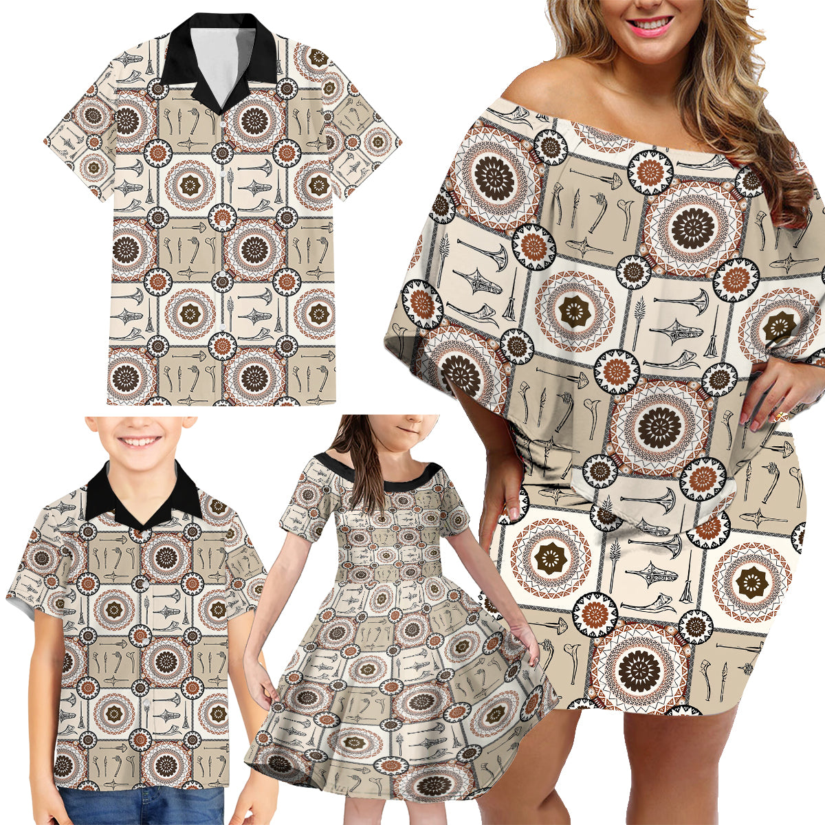 Tukenny Pattern Fijian War Clubs Family Matching Off Shoulder Short Dress and Hawaiian Shirt LT03 - Polynesian Pride