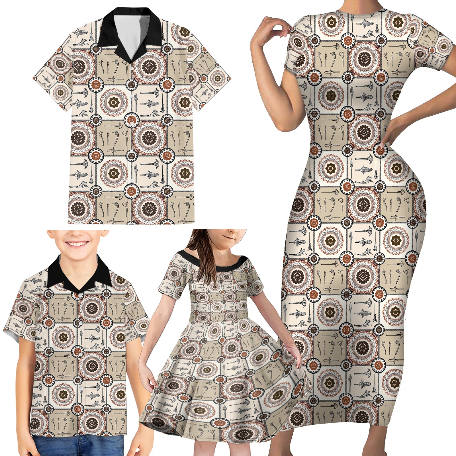 Tukenny Pattern Fijian War Clubs Family Matching Short Sleeve Bodycon Dress and Hawaiian Shirt LT03 - Polynesian Pride