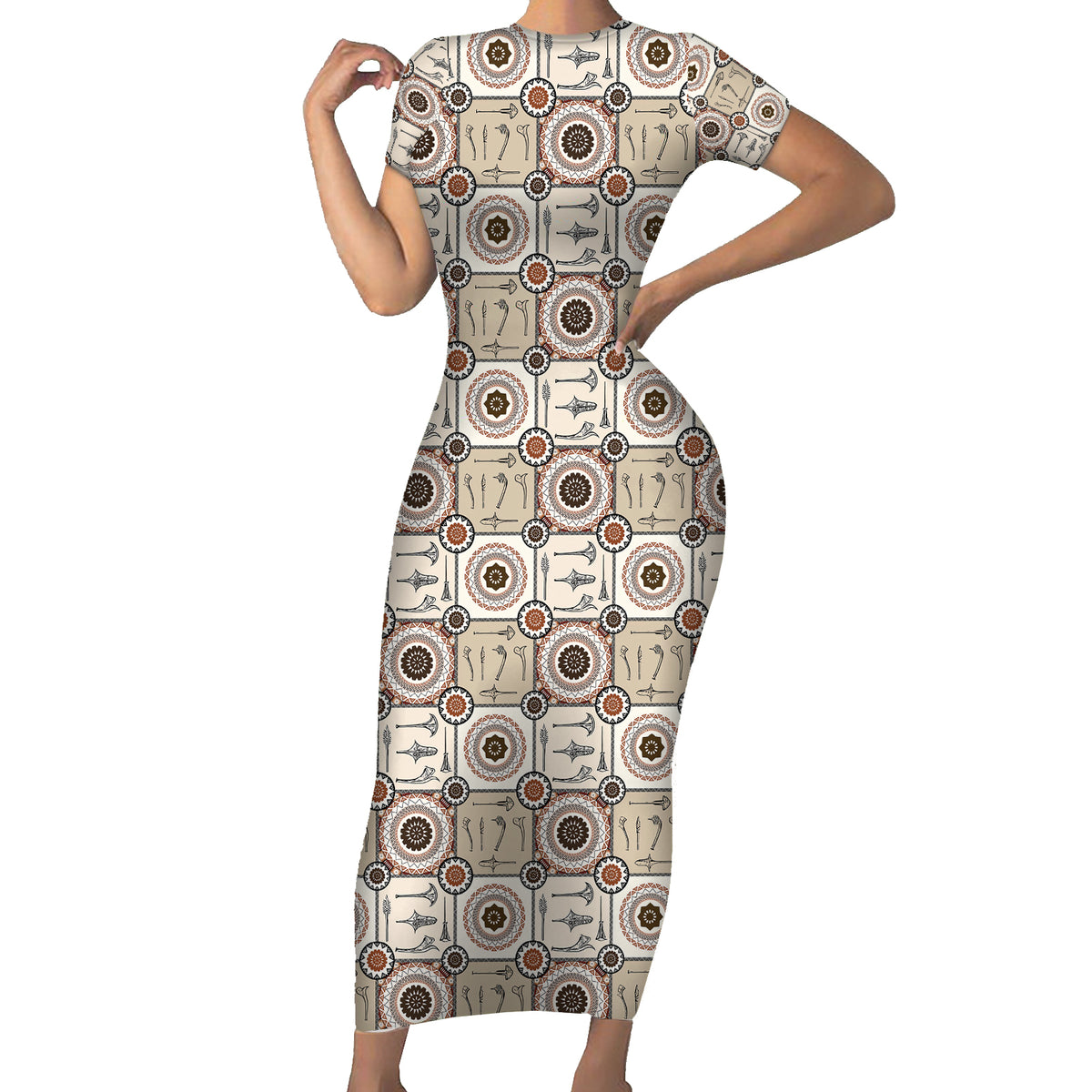 Tukenny Pattern Fijian War Clubs Family Matching Short Sleeve Bodycon Dress and Hawaiian Shirt LT03 Mom's Dress Beige - Polynesian Pride