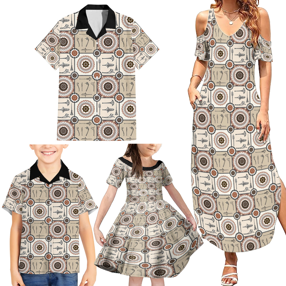 Tukenny Pattern Fijian War Clubs Family Matching Summer Maxi Dress and Hawaiian Shirt LT03 - Polynesian Pride