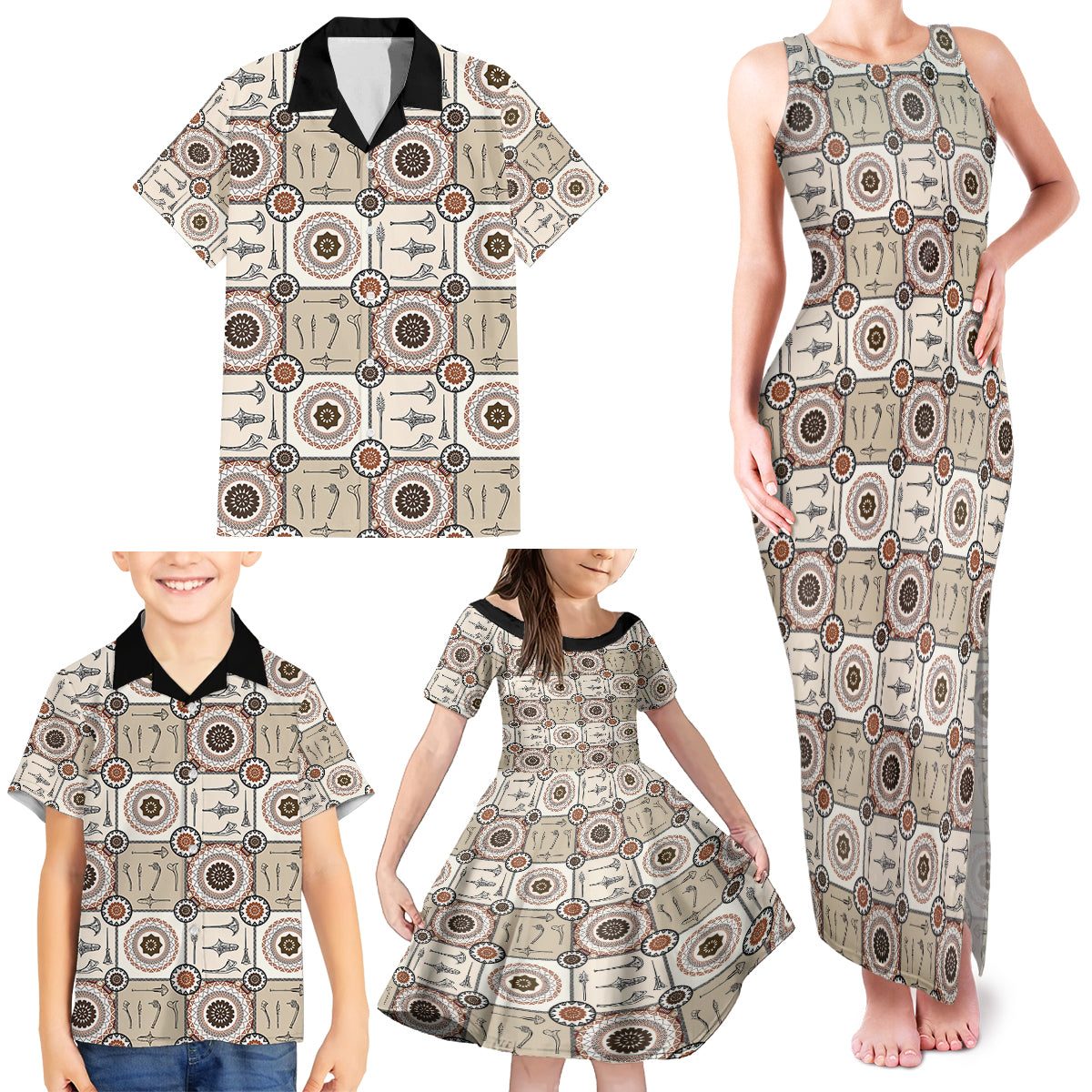 Tukenny Pattern Fijian War Clubs Family Matching Tank Maxi Dress and Hawaiian Shirt LT03 - Polynesian Pride