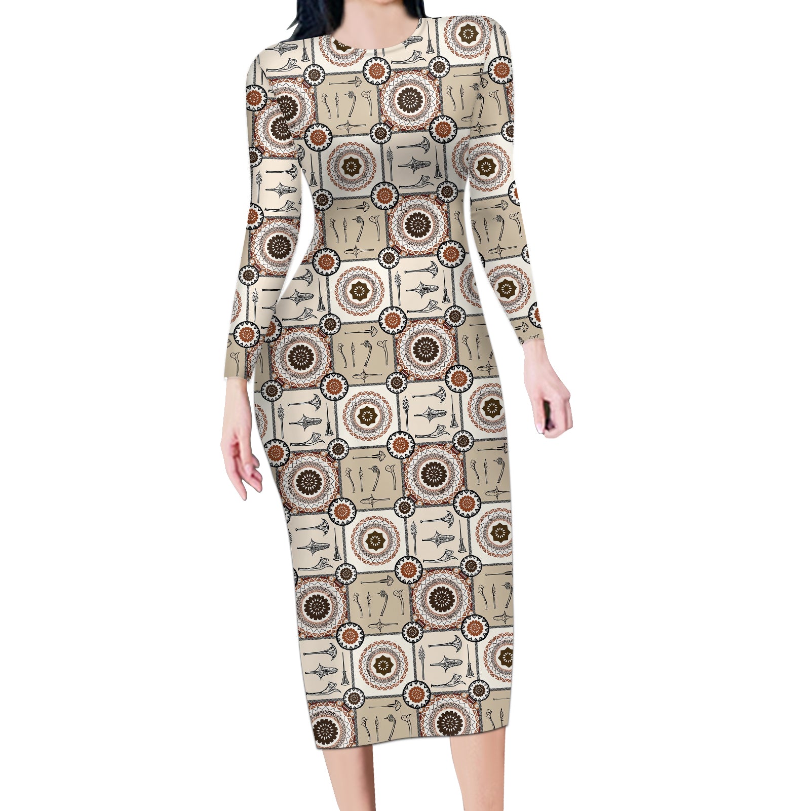 Tukenny Pattern Fijian War Clubs Long Sleeve Bodycon Dress LT03 Long Dress Beige - Polynesian Pride