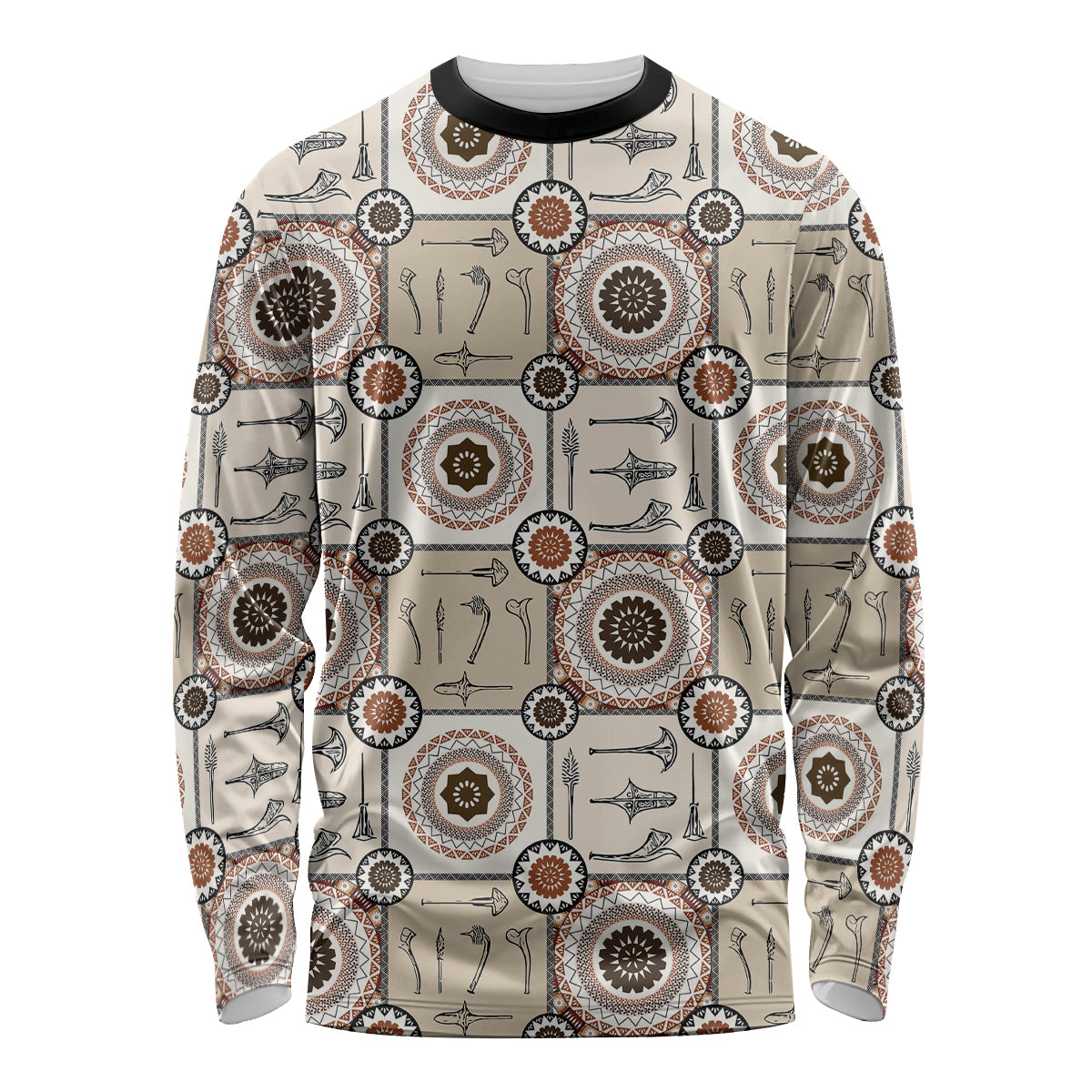 Tukenny Pattern Fijian War Clubs Long Sleeve Shirt LT03 Unisex Beige - Polynesian Pride