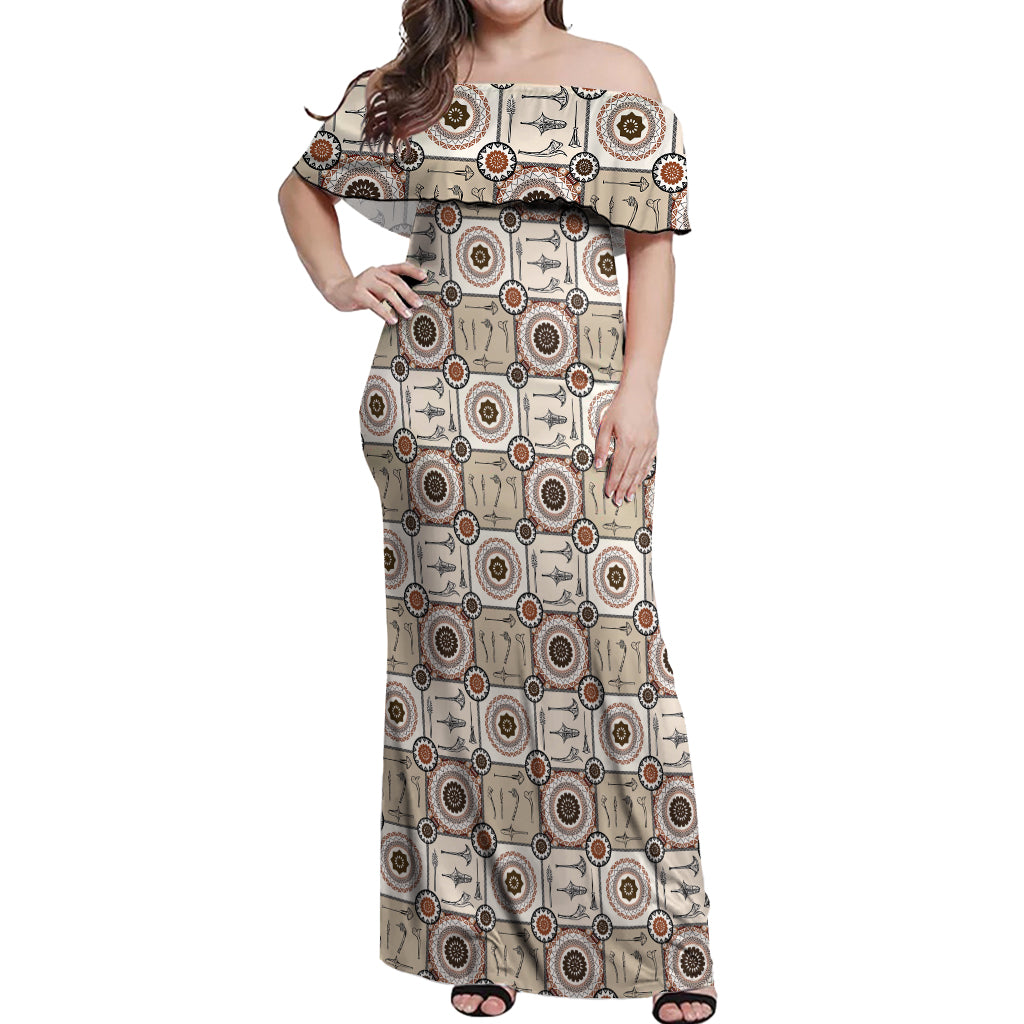 Tukenny Pattern Fijian War Clubs Off Shoulder Maxi Dress LT03 Women Beige - Polynesian Pride