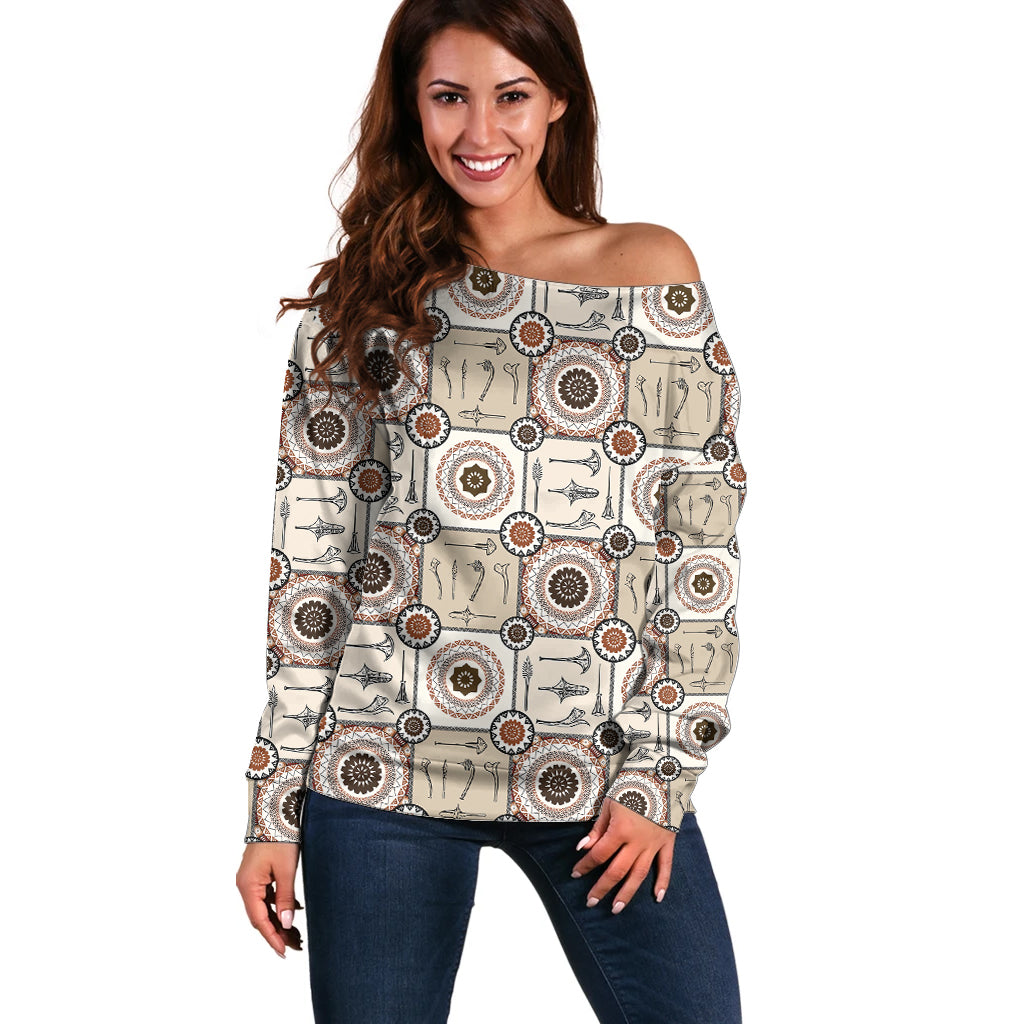 Tukenny Pattern Fijian War Clubs Off Shoulder Sweater LT03 Women Beige - Polynesian Pride