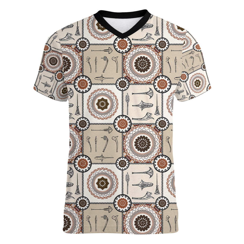 Tukenny Pattern Fijian War Clubs Women V Neck T Shirt LT03 Female Beige - Polynesian Pride