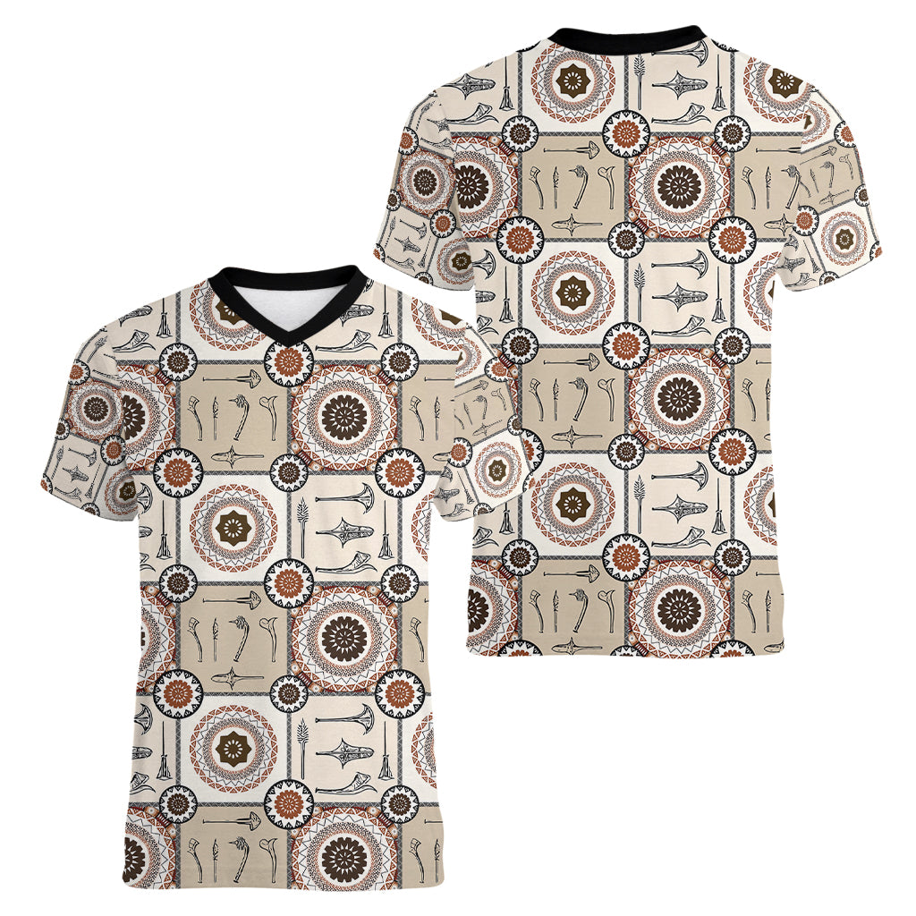 Tukenny Pattern Fijian War Clubs Women V Neck T Shirt LT03 - Polynesian Pride