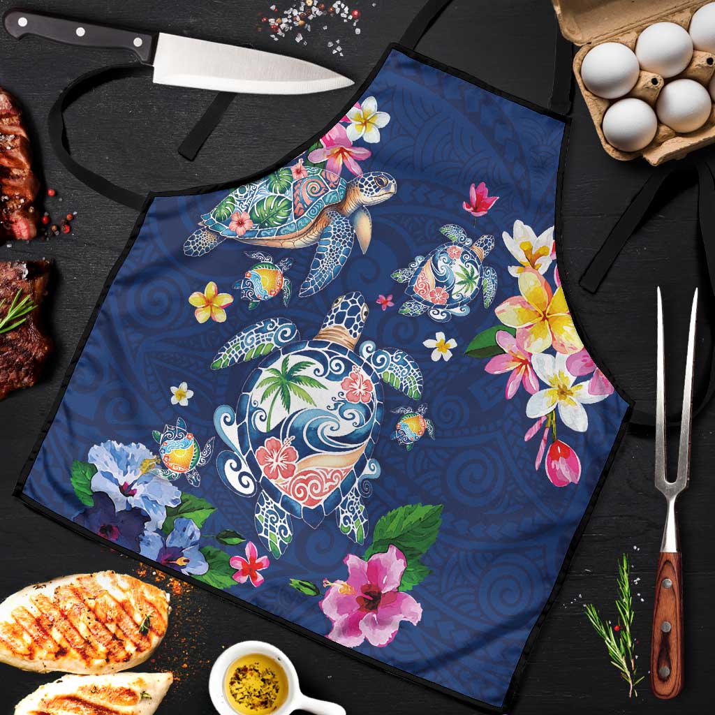 Hawaiian Turtles and Tropical Plants Apron Blue Watercolor LT03 Blue - Polynesian Pride