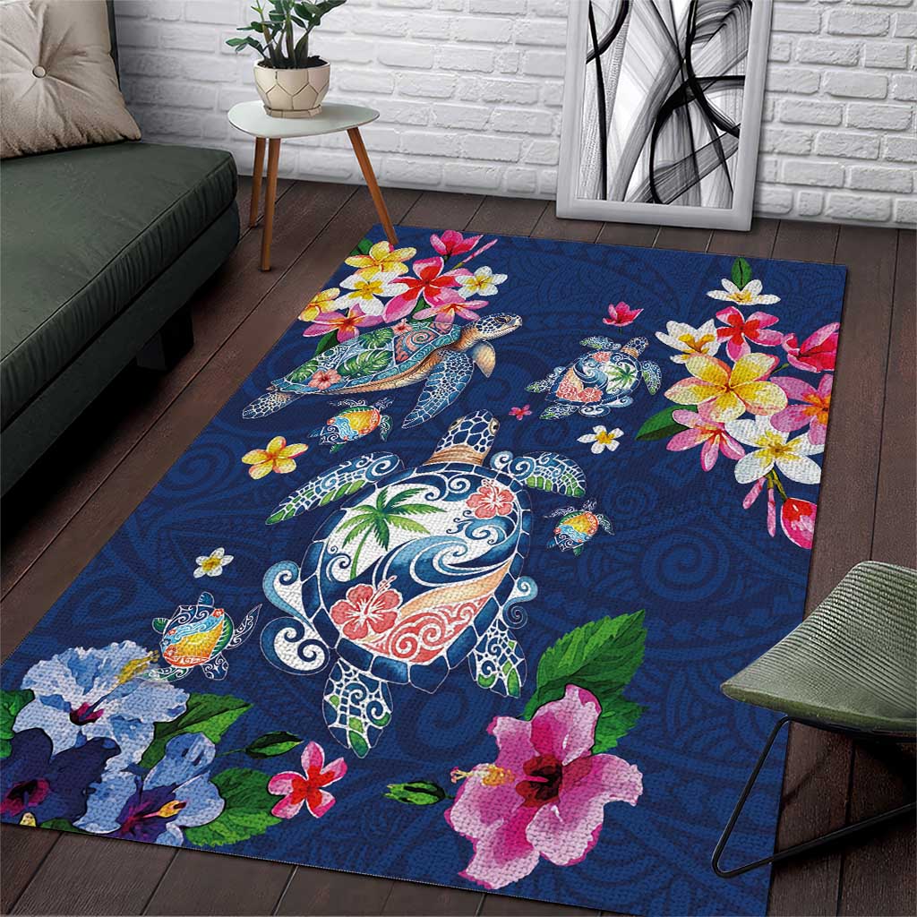 Hawaiian Turtles and Tropical Plants Area Rug Blue Watercolor