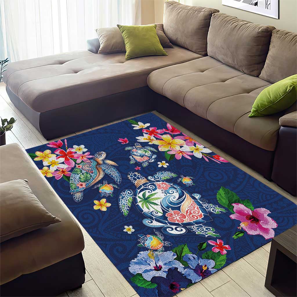 Hawaiian Turtles and Tropical Plants Area Rug Blue Watercolor LT03 - Polynesian Pride