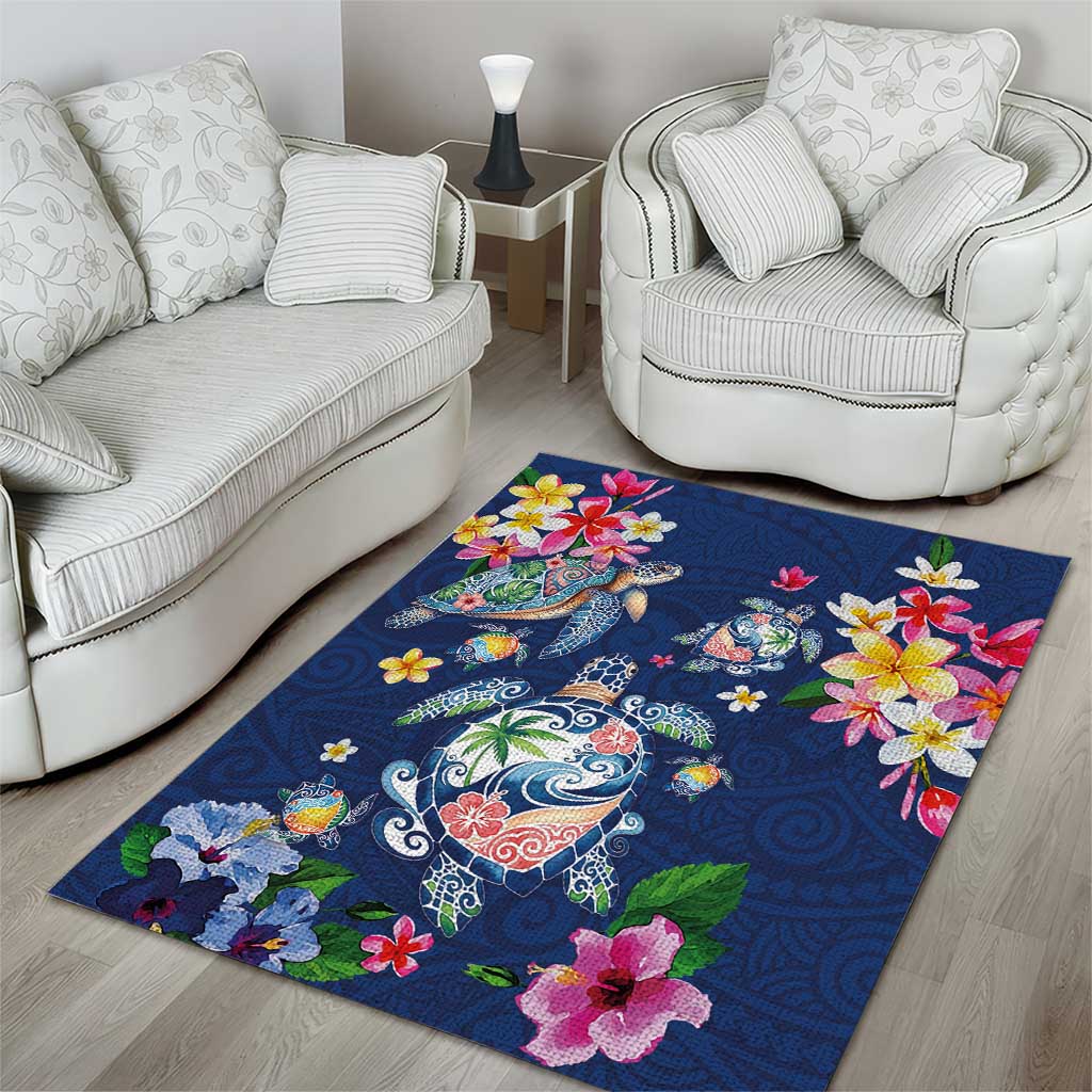 Hawaiian Turtles and Tropical Plants Area Rug Blue Watercolor LT03 - Polynesian Pride