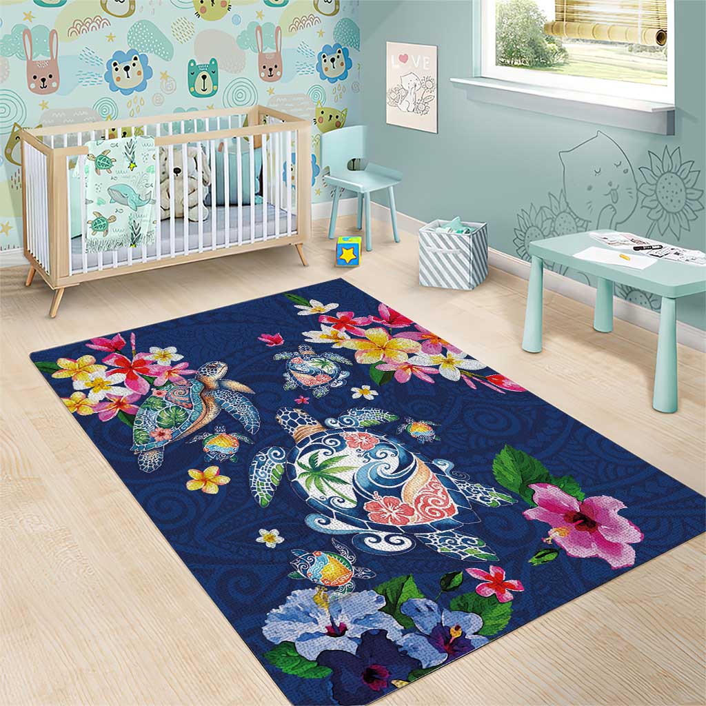 Hawaiian Turtles and Tropical Plants Area Rug Blue Watercolor LT03 - Polynesian Pride
