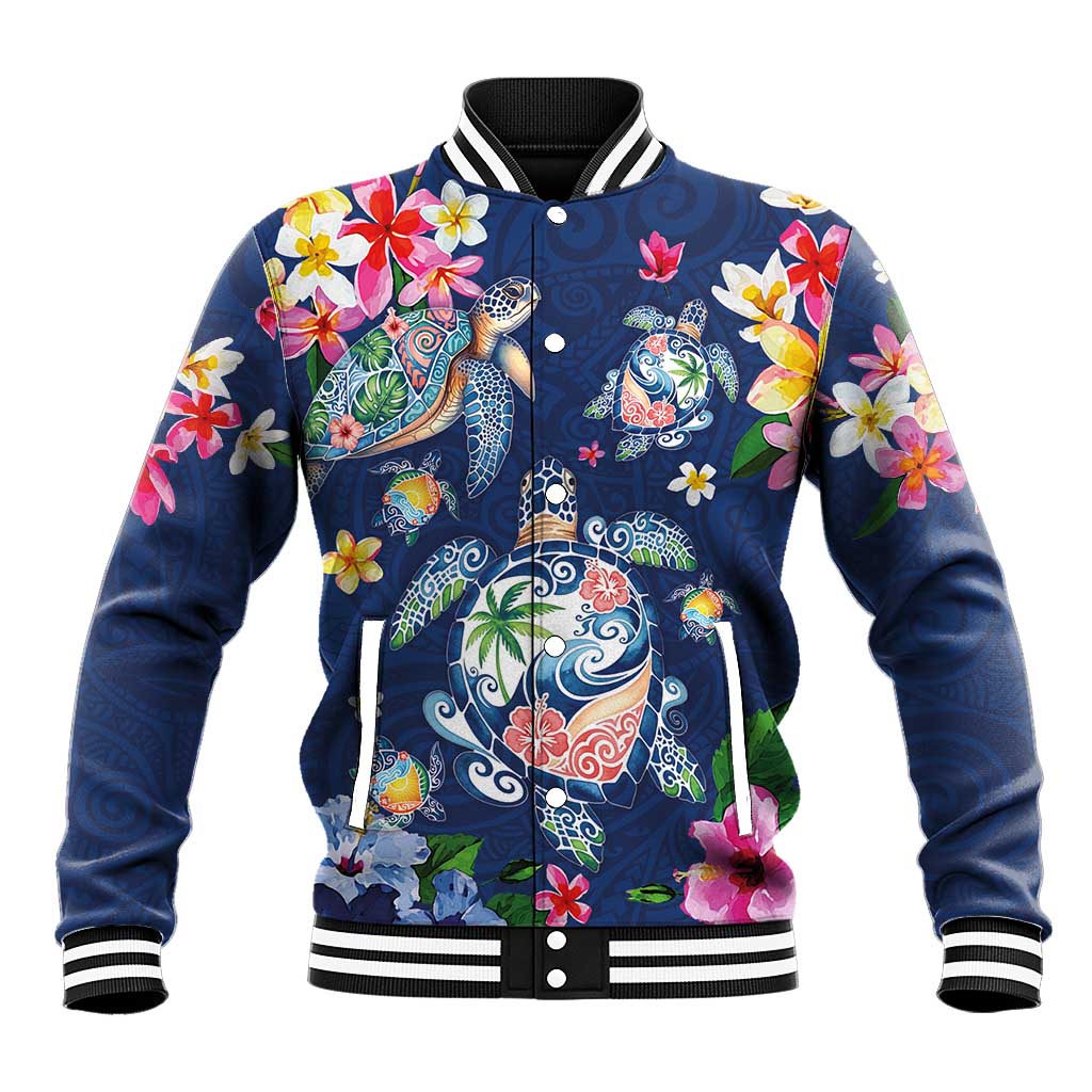 Hawaiian Turtles and Tropical Plants Baseball Jacket Blue Watercolor LT03 Unisex Blue - Polynesian Pride