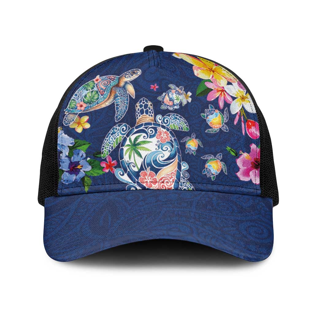 Hawaiian Turtles and Tropical Plants Baseball Net Cap Blue Watercolor LT03 One Size Black Blue - Polynesian Pride