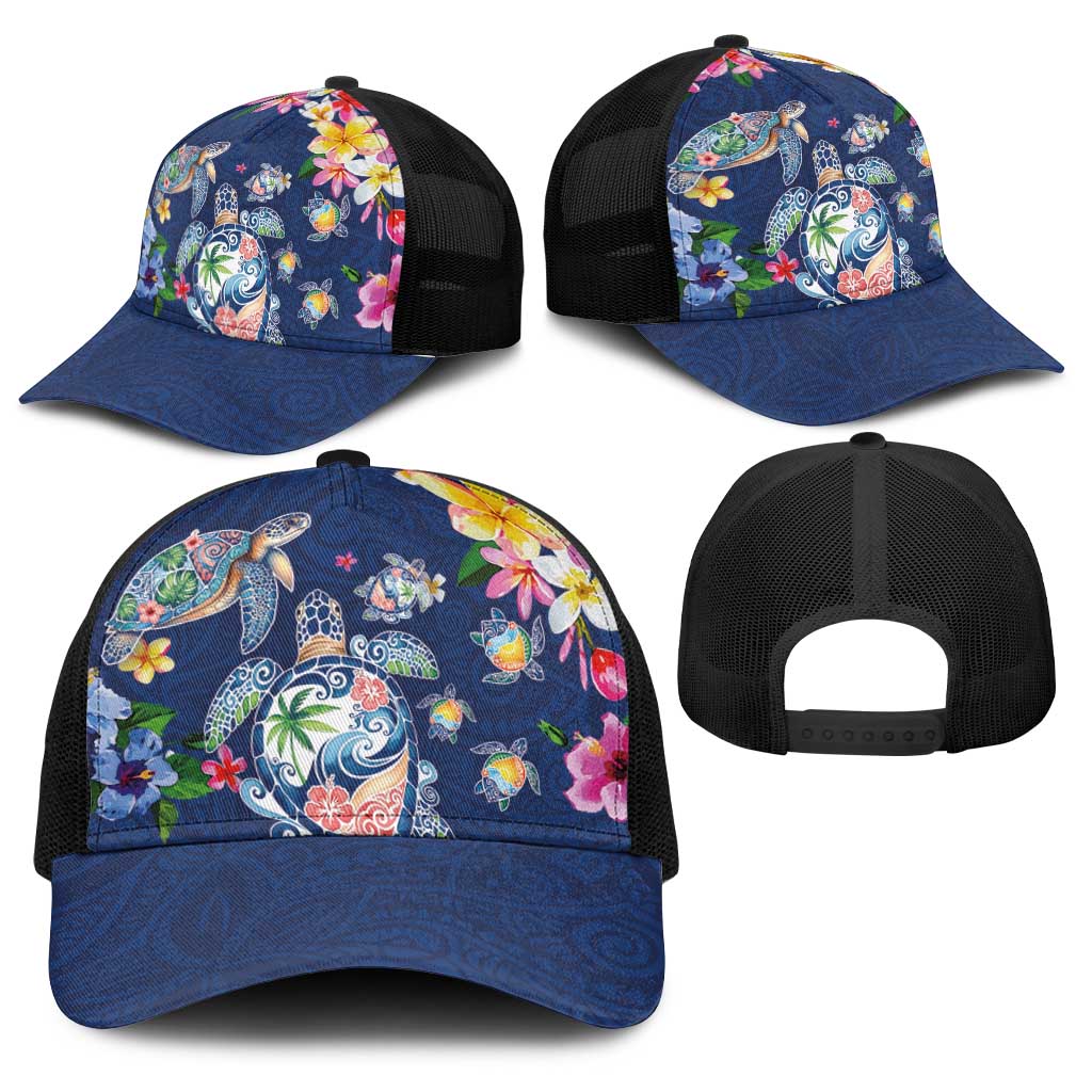 Hawaiian Turtles and Tropical Plants Baseball Net Cap Blue Watercolor LT03 - Polynesian Pride