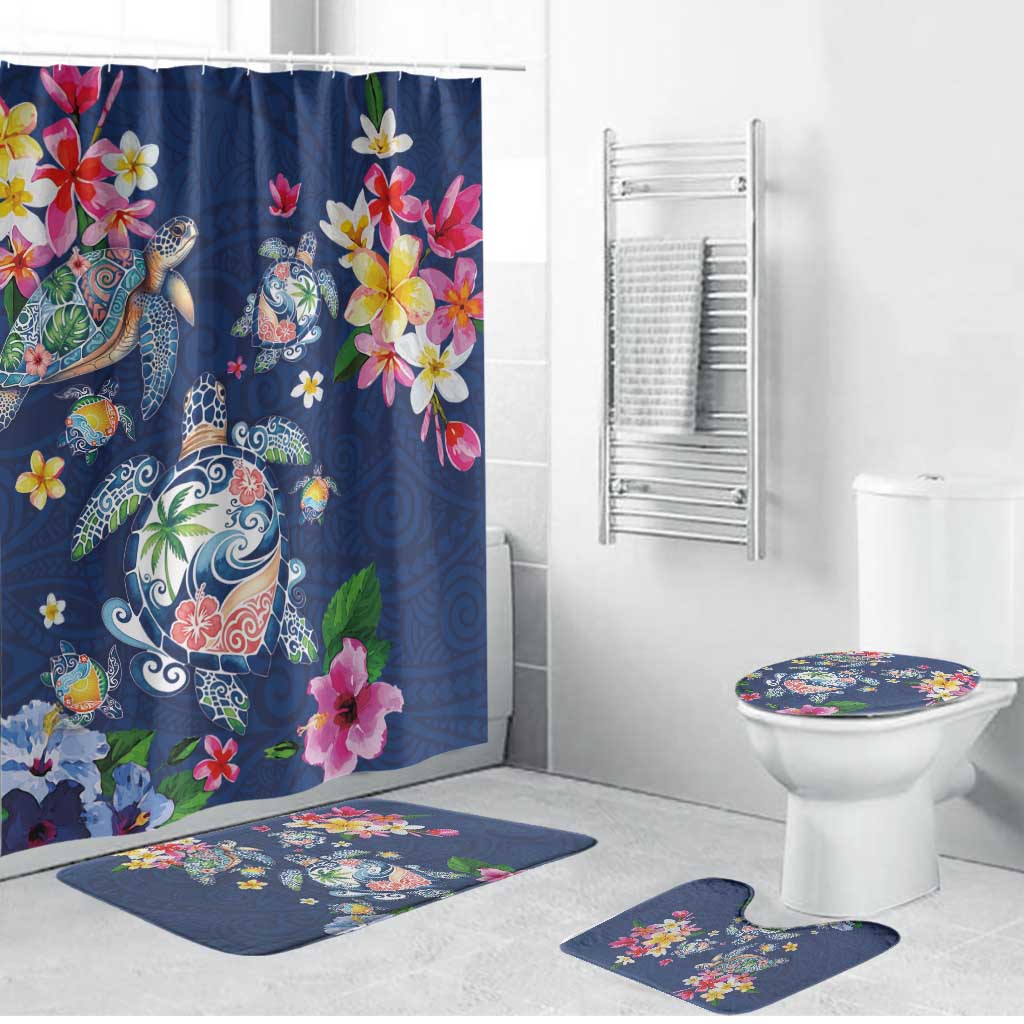 Hawaiian Turtles and Tropical Plants Bathroom Set Blue Watercolor LT03 Bathroom Set (4 pcs) Blue - Polynesian Pride