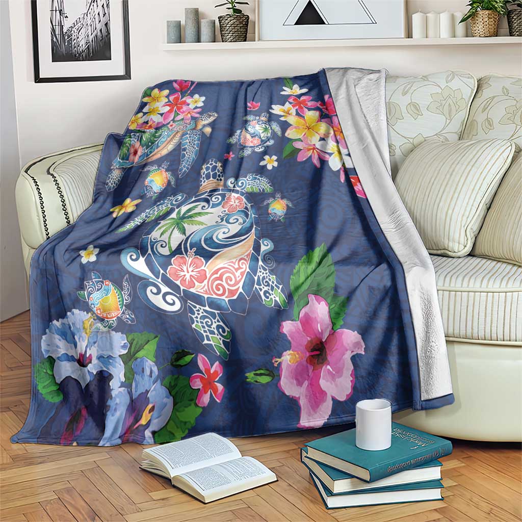 Hawaiian Turtles and Tropical Plants Blanket Blue Watercolor LT03 Blue - Polynesian Pride