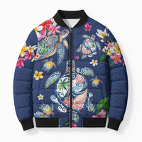 Hawaiian Turtles and Tropical Plants Bomber Puffer Jacket Blue Watercolor LT03 Unisex Blue - Polynesian Pride