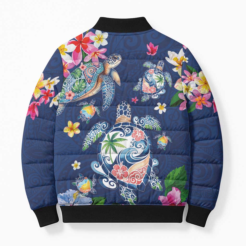 Hawaiian Turtles and Tropical Plants Bomber Puffer Jacket Blue Watercolor LT03 - Polynesian Pride
