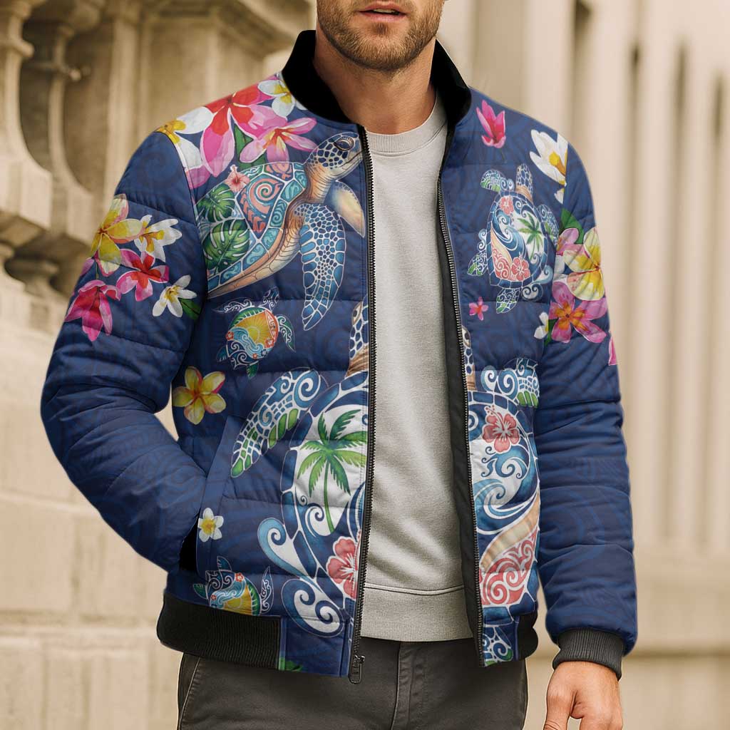 Hawaiian Turtles and Tropical Plants Bomber Puffer Jacket Blue Watercolor LT03 - Polynesian Pride