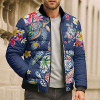Hawaiian Turtles and Tropical Plants Bomber Puffer Jacket Blue Watercolor LT03 - Polynesian Pride