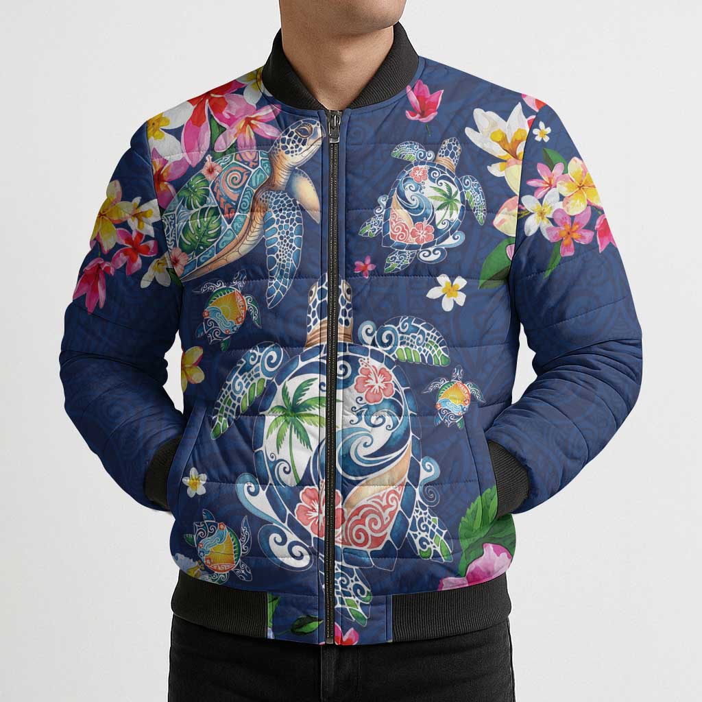 Hawaiian Turtles and Tropical Plants Bomber Puffer Jacket Blue Watercolor LT03 - Polynesian Pride