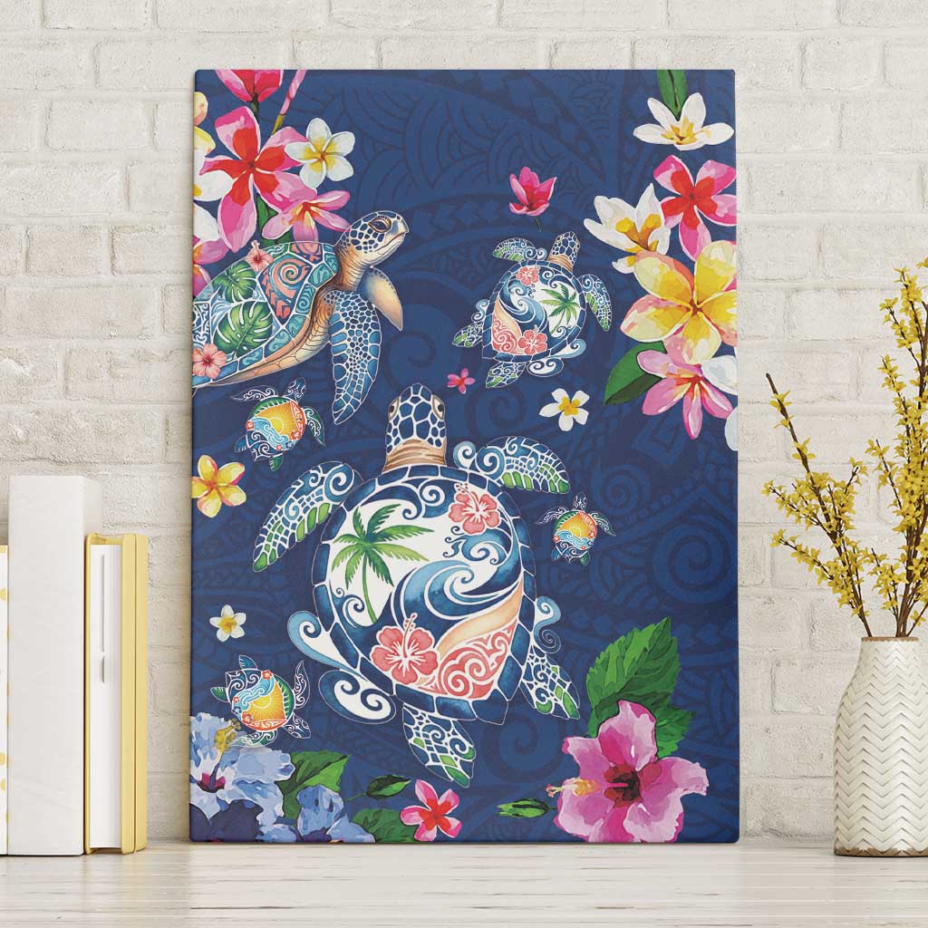 Hawaiian Turtles and Tropical Plants Canvas Wall Art Blue Watercolor LT03 Without Frame Blue - Polynesian Pride