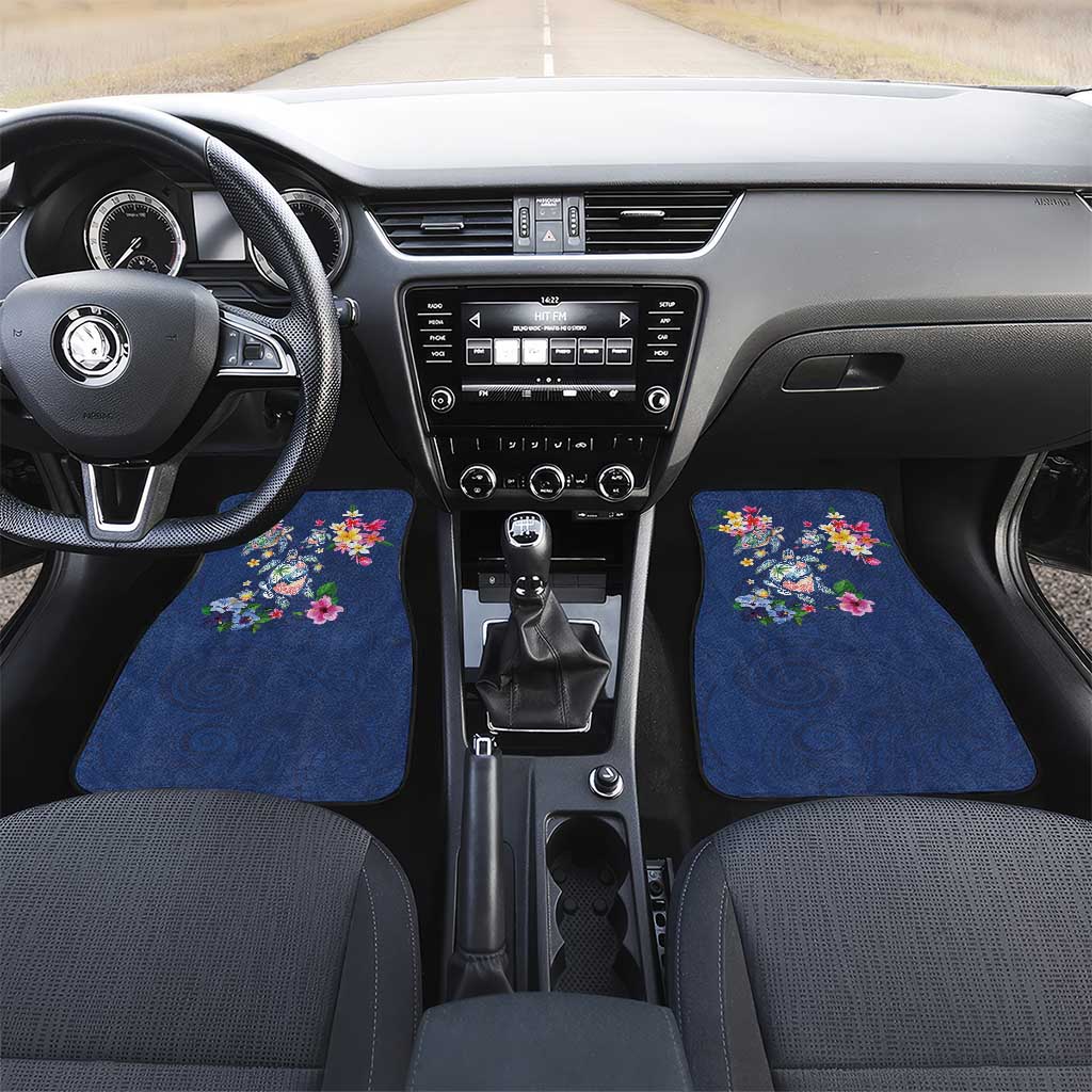 Hawaiian Turtles and Tropical Plants Car Mats Blue Watercolor LT03 Set 2pcs - Front Blue - Polynesian Pride