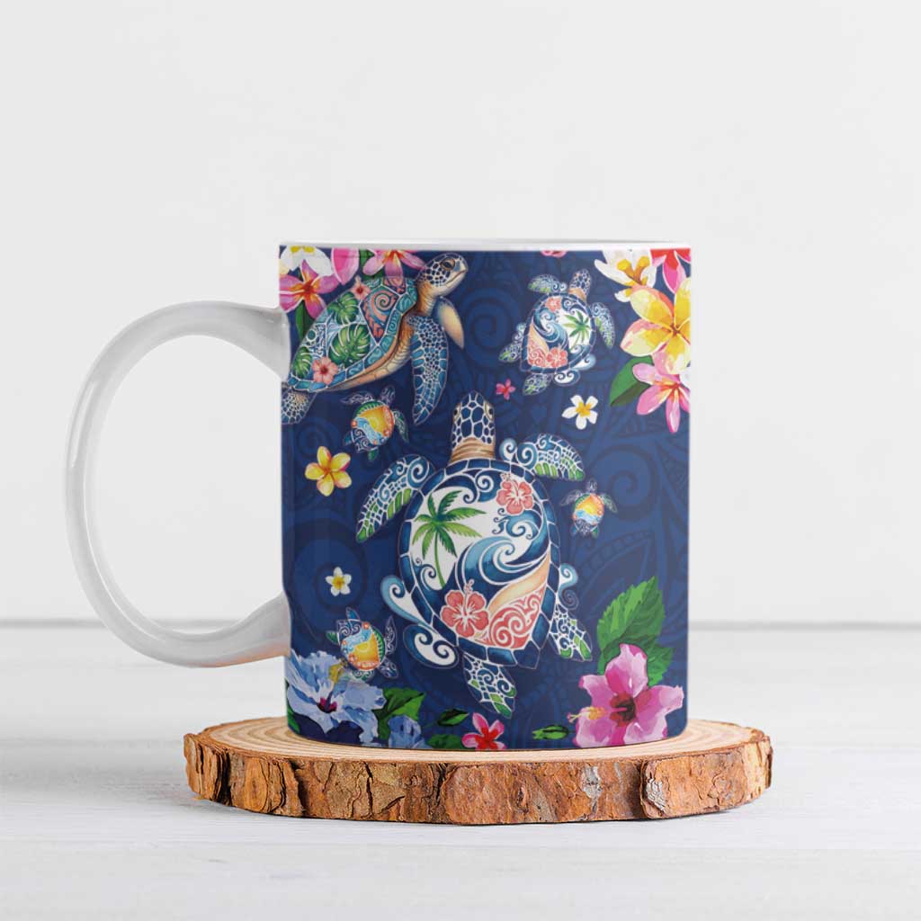 Hawaiian Turtles and Tropical Plants Ceramic Mug Blue Watercolor