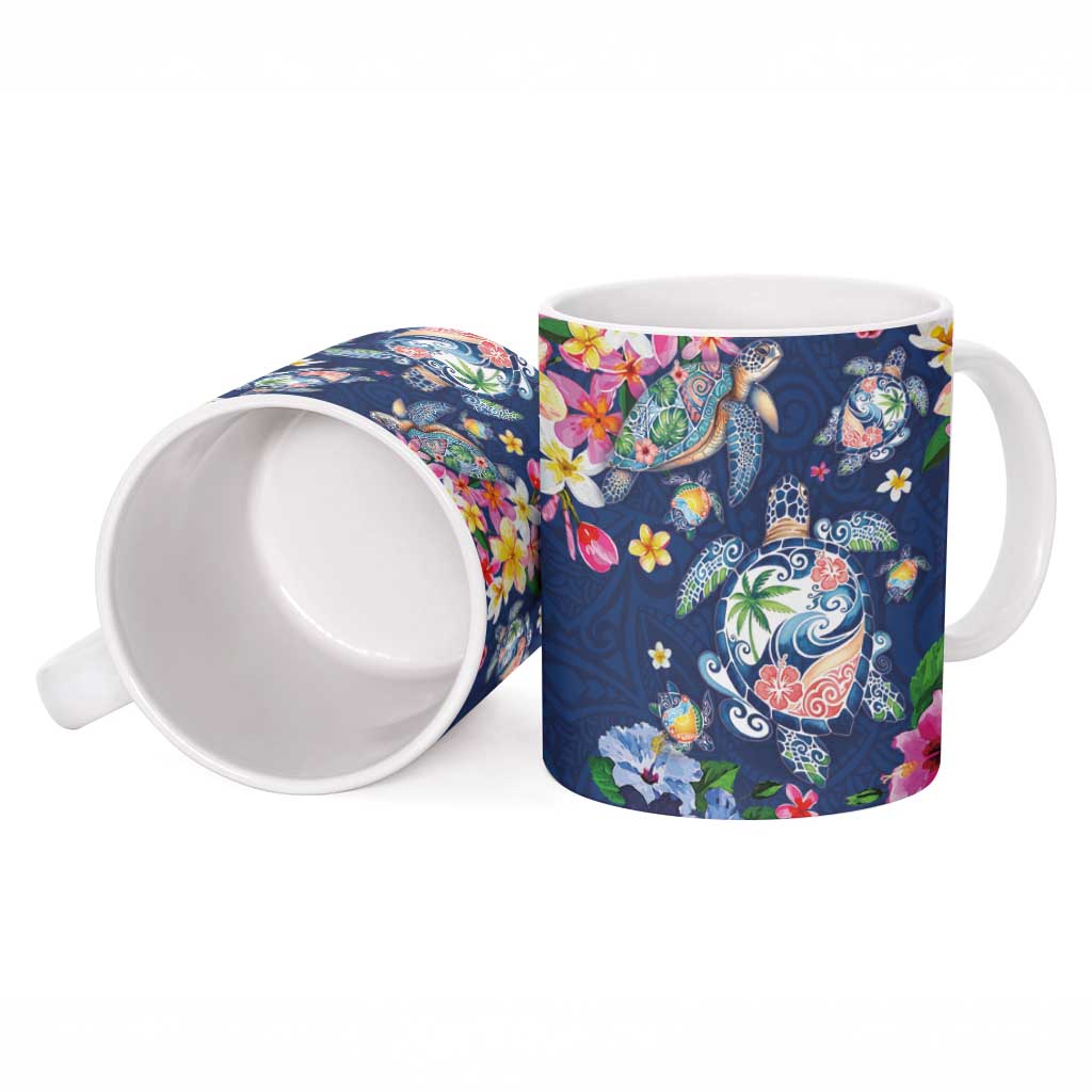 Hawaiian Turtles and Tropical Plants Ceramic Mug Blue Watercolor