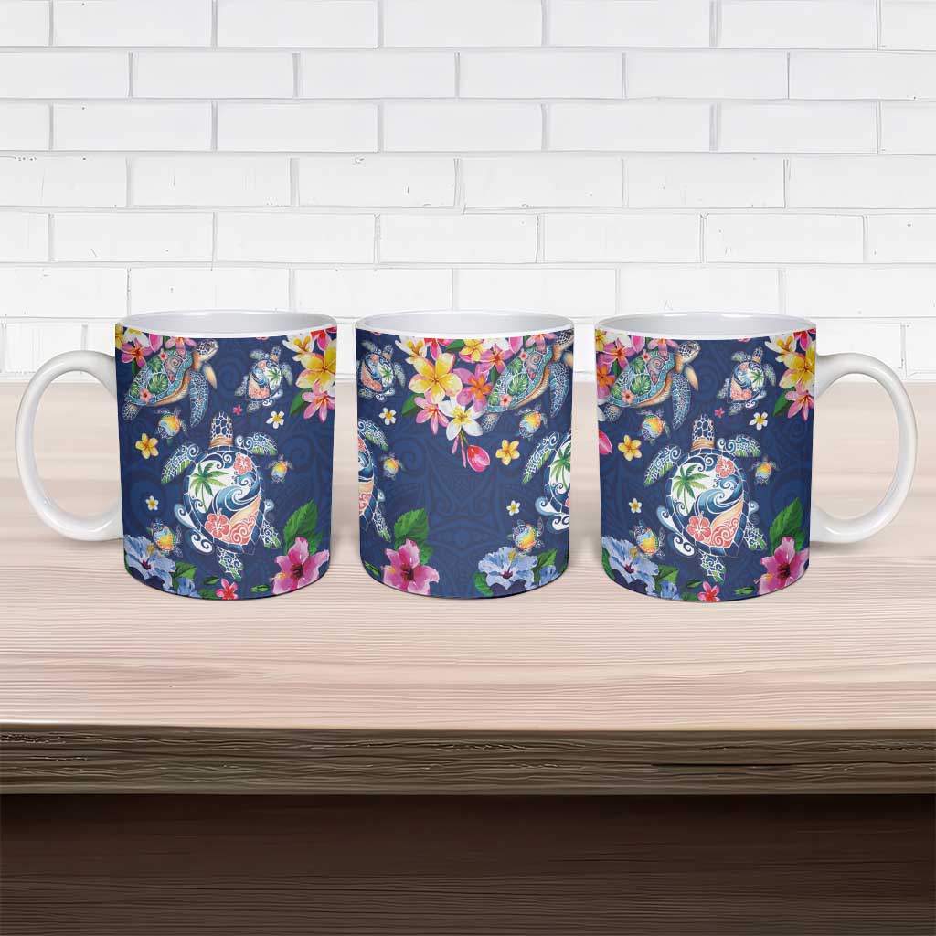 Hawaiian Turtles and Tropical Plants Ceramic Mug Blue Watercolor