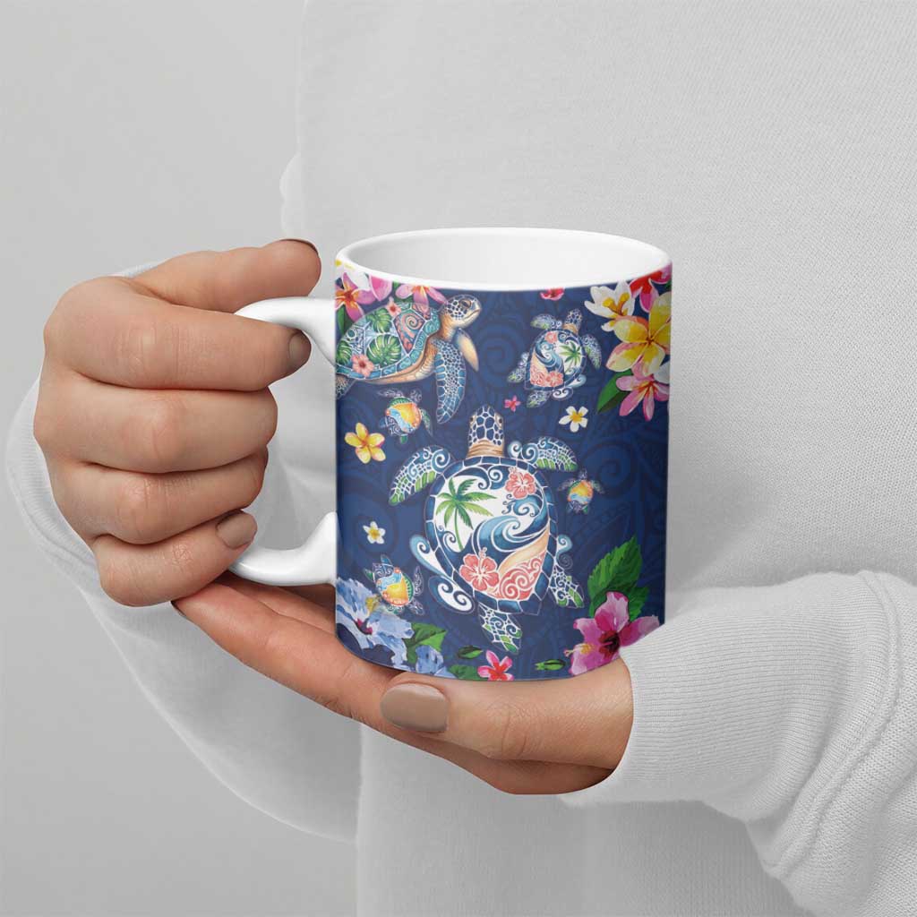 Hawaiian Turtles and Tropical Plants Ceramic Mug Blue Watercolor