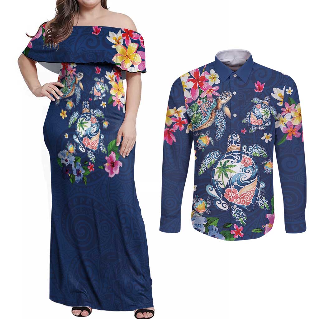 Hawaiian Turtles and Tropical Plants Couples Matching Off Shoulder Maxi Dress and Long Sleeve Button Shirt Blue Watercolor LT03 Blue - Polynesian Pride