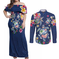 Hawaiian Turtles and Tropical Plants Couples Matching Off Shoulder Maxi Dress and Long Sleeve Button Shirt Blue Watercolor