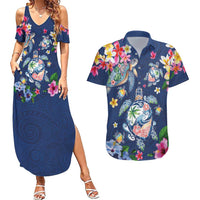 Hawaiian Turtles and Tropical Plants Couples Matching Summer Maxi Dress and Hawaiian Shirt Blue Watercolor