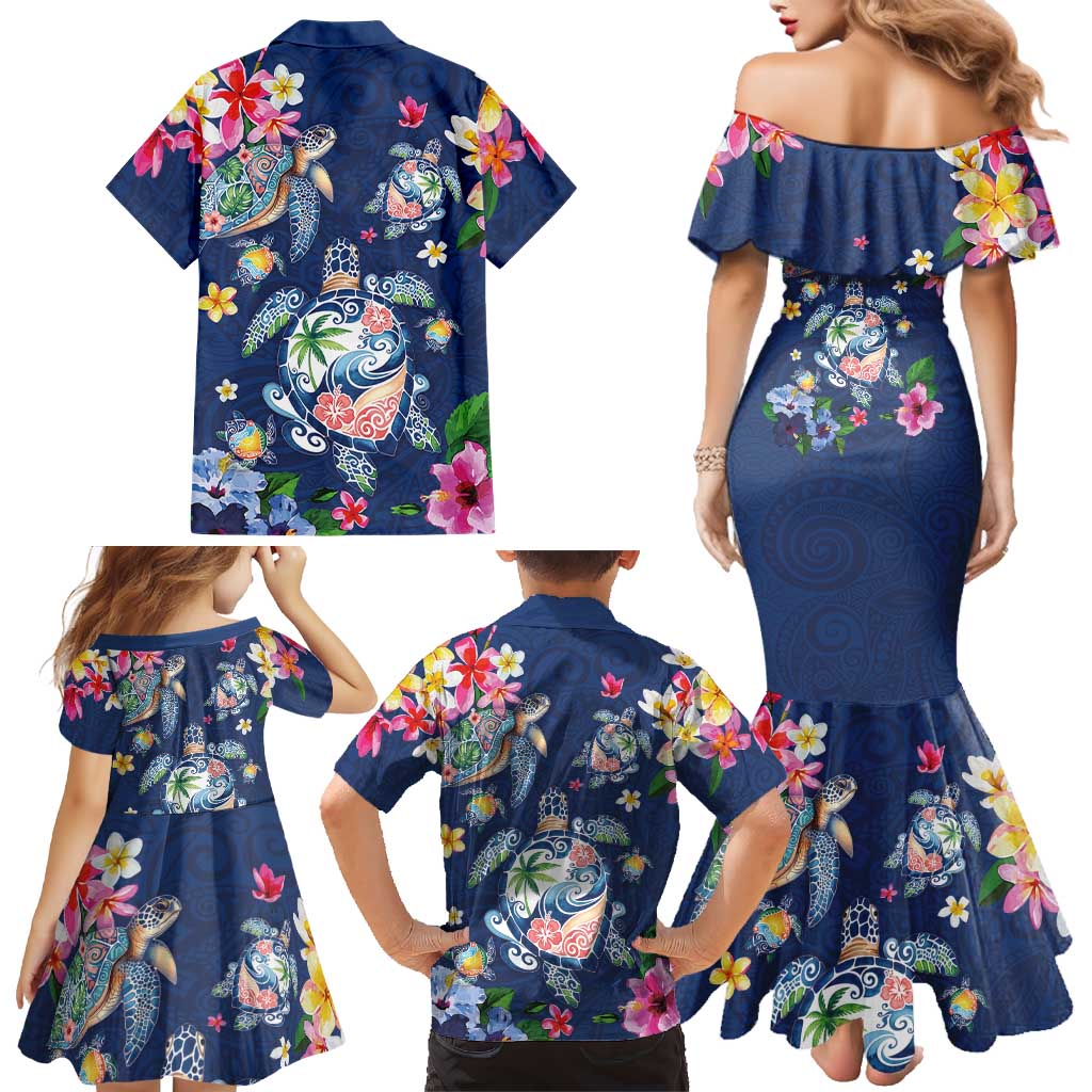 Hawaiian Turtles and Tropical Plants Family Matching Mermaid Dress and Hawaiian Shirt Blue Watercolor
