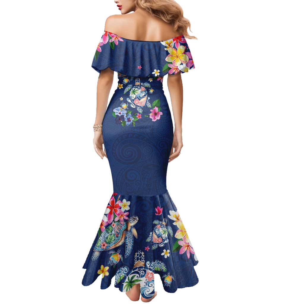 Hawaiian Turtles and Tropical Plants Family Matching Mermaid Dress and Hawaiian Shirt Blue Watercolor
