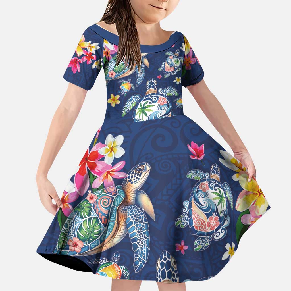 Hawaiian Turtles and Tropical Plants Family Matching Off The Shoulder Long Sleeve Dress and Hawaiian Shirt Blue Watercolor