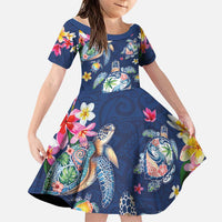 Hawaiian Turtles and Tropical Plants Family Matching Off The Shoulder Long Sleeve Dress and Hawaiian Shirt Blue Watercolor