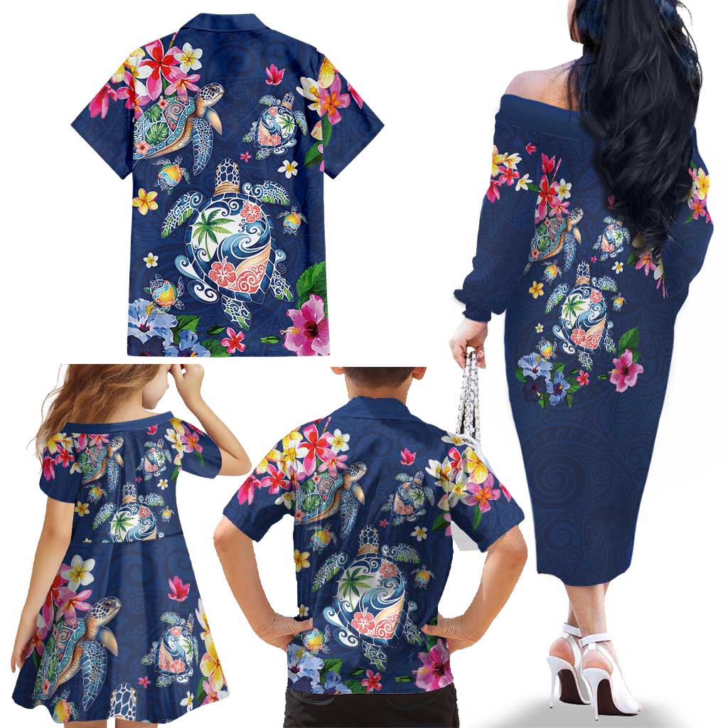 Hawaiian Turtles and Tropical Plants Family Matching Off The Shoulder Long Sleeve Dress and Hawaiian Shirt Blue Watercolor