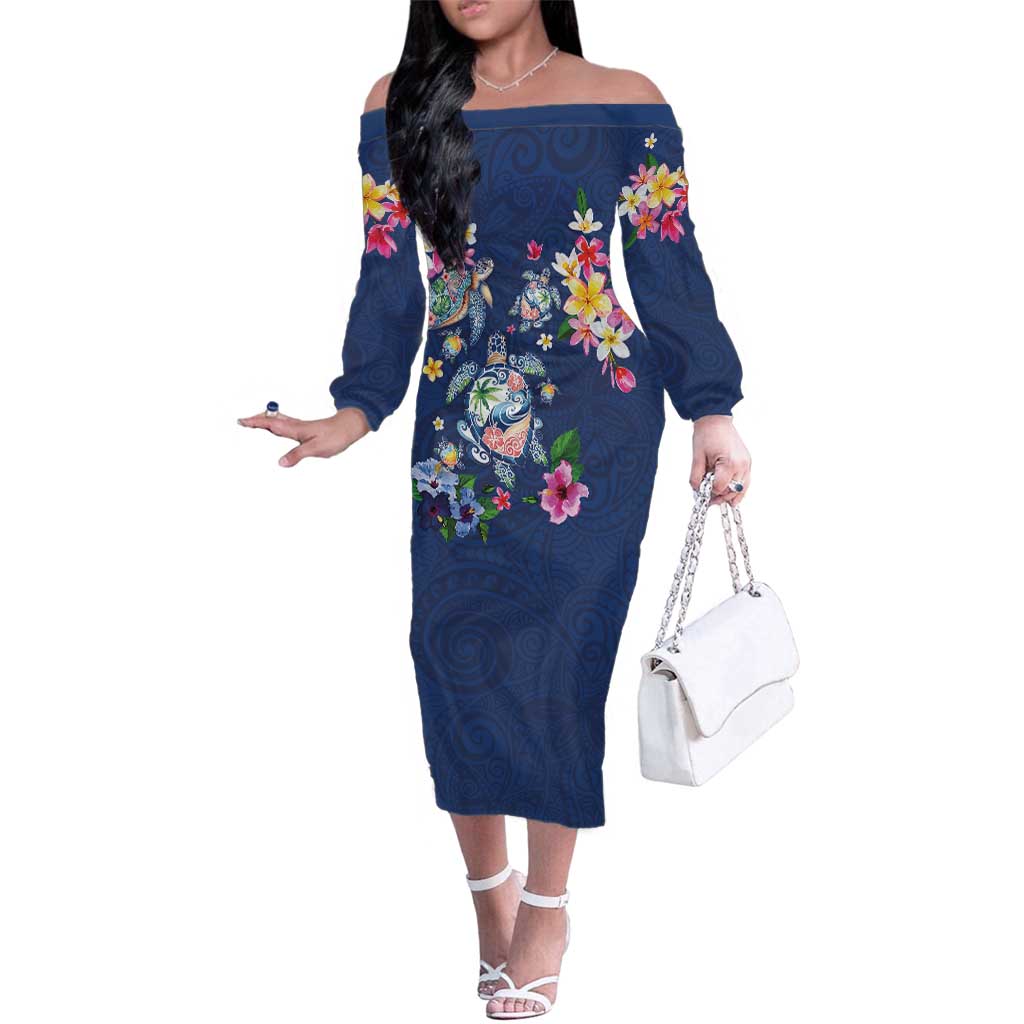 Hawaiian Turtles and Tropical Plants Family Matching Off The Shoulder Long Sleeve Dress and Hawaiian Shirt Blue Watercolor