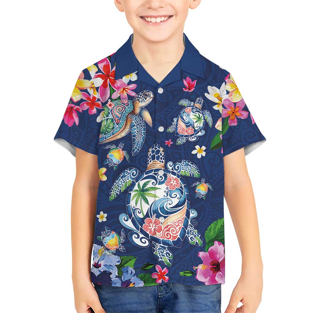Hawaiian Turtles and Tropical Plants Family Matching Off The Shoulder Long Sleeve Dress and Hawaiian Shirt Blue Watercolor