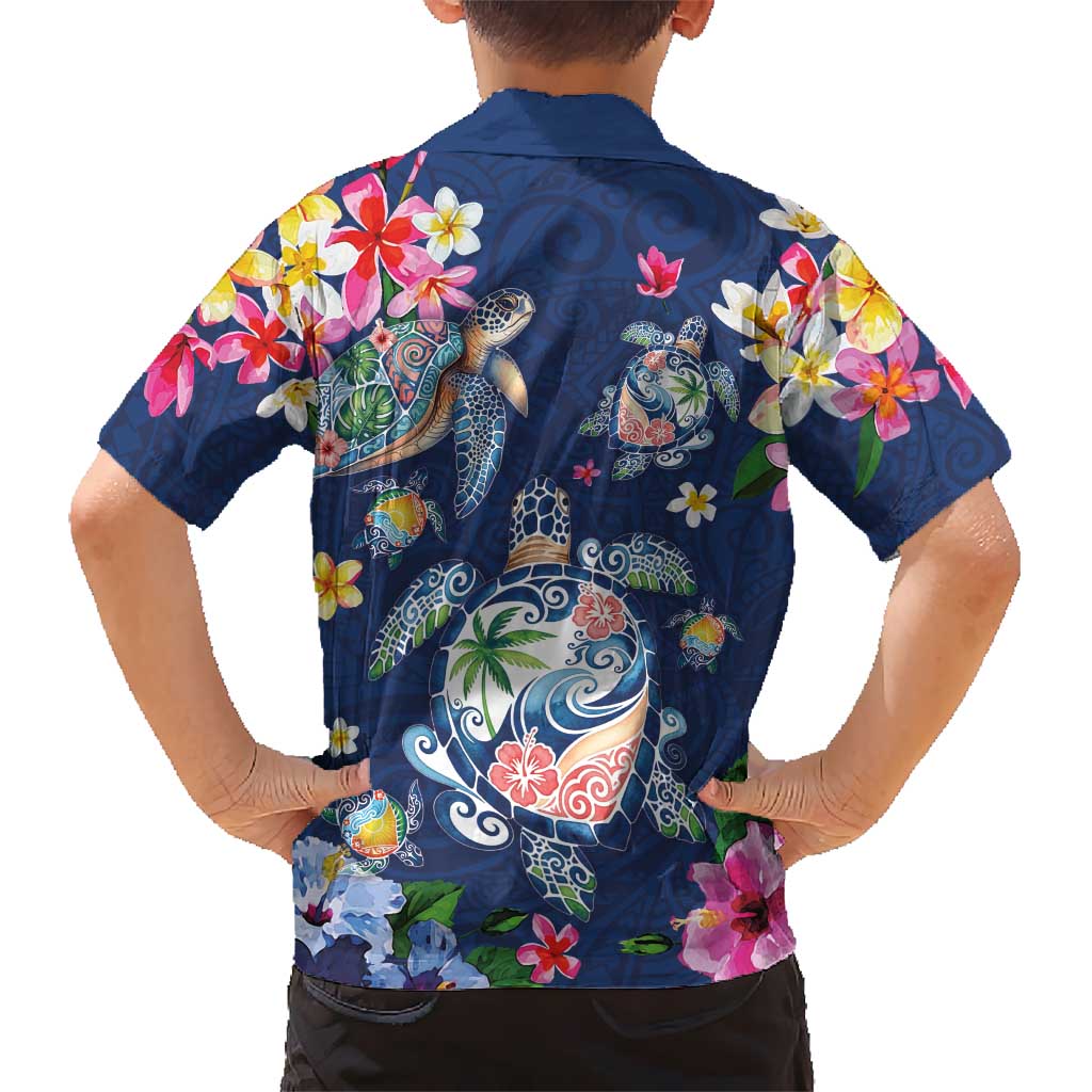 Hawaiian Turtles and Tropical Plants Family Matching Puletasi and Hawaiian Shirt Blue Watercolor