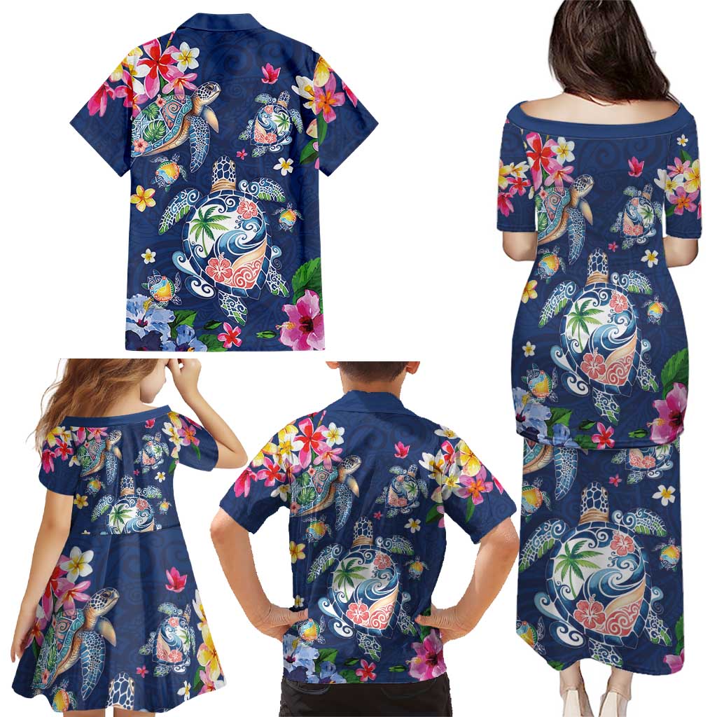 Hawaiian Turtles and Tropical Plants Family Matching Puletasi and Hawaiian Shirt Blue Watercolor