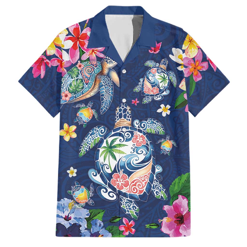 Hawaiian Turtles and Tropical Plants Family Matching Short Sleeve Bodycon Dress and Hawaiian Shirt Blue Watercolor