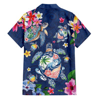 Hawaiian Turtles and Tropical Plants Family Matching Short Sleeve Bodycon Dress and Hawaiian Shirt Blue Watercolor